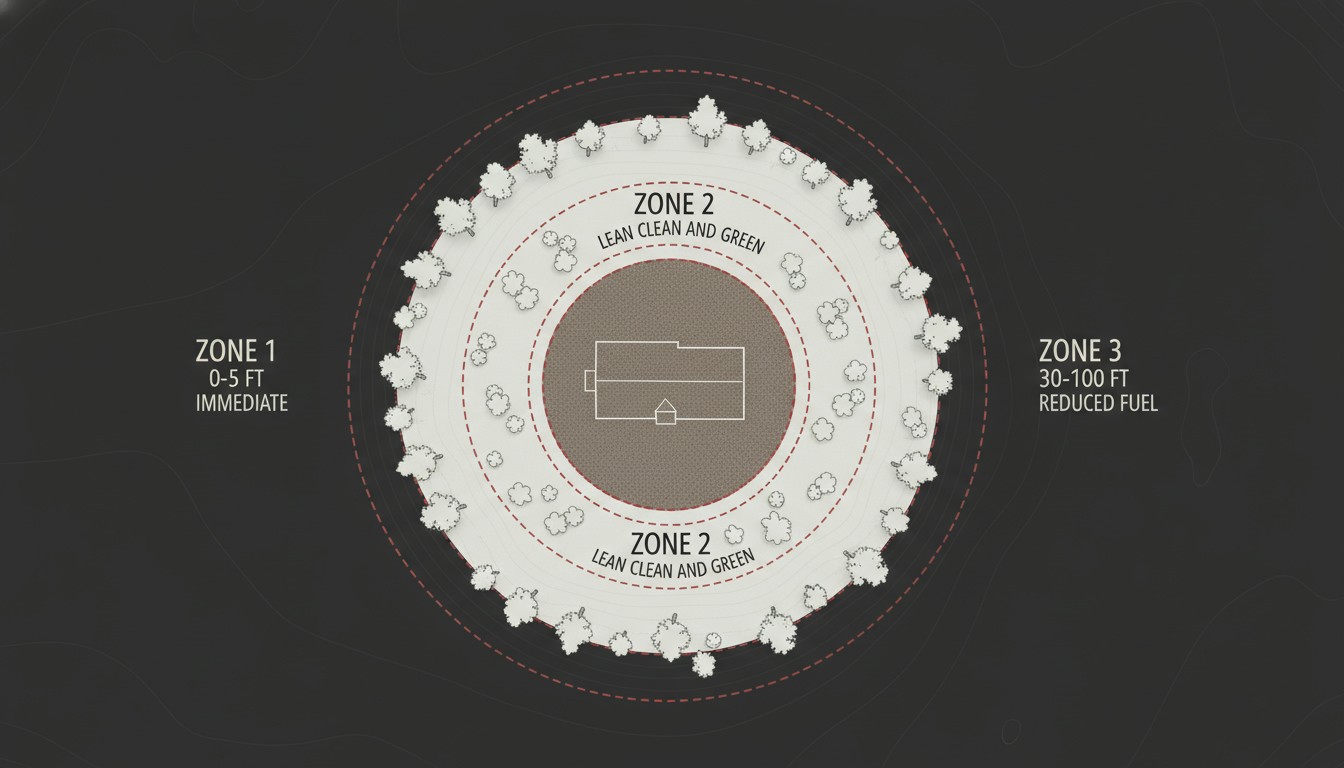 Top-down diagram showing three defensible-space zones around a rural Oregon home — Zone 1 (0-5 ft, immediate), Zone 2 (5-30 ft, lean clean and green), and Zone 3 (30-100 ft, reduced fuel).