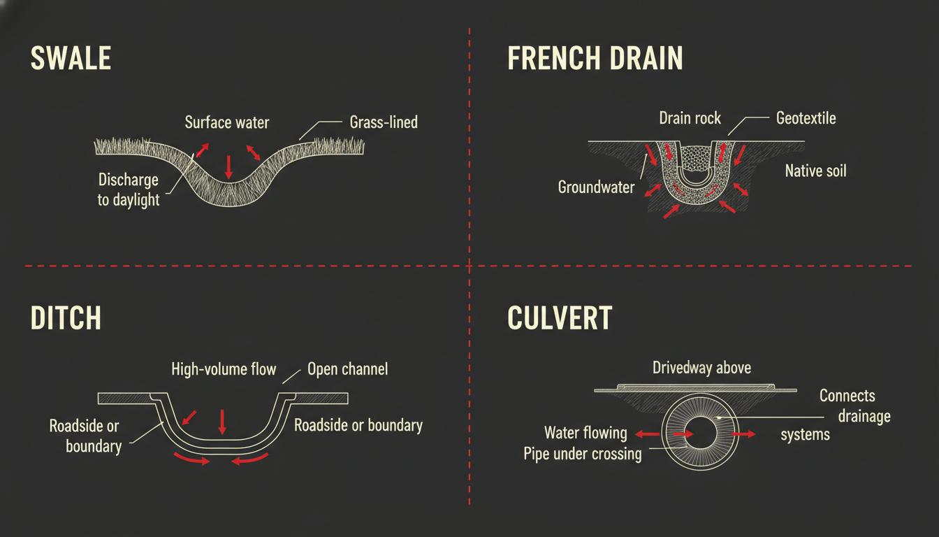 Four-panel comparison grid showing four common drainage tools — swale, French drain, ditch, and culvert — with cross-section diagrams and labels.