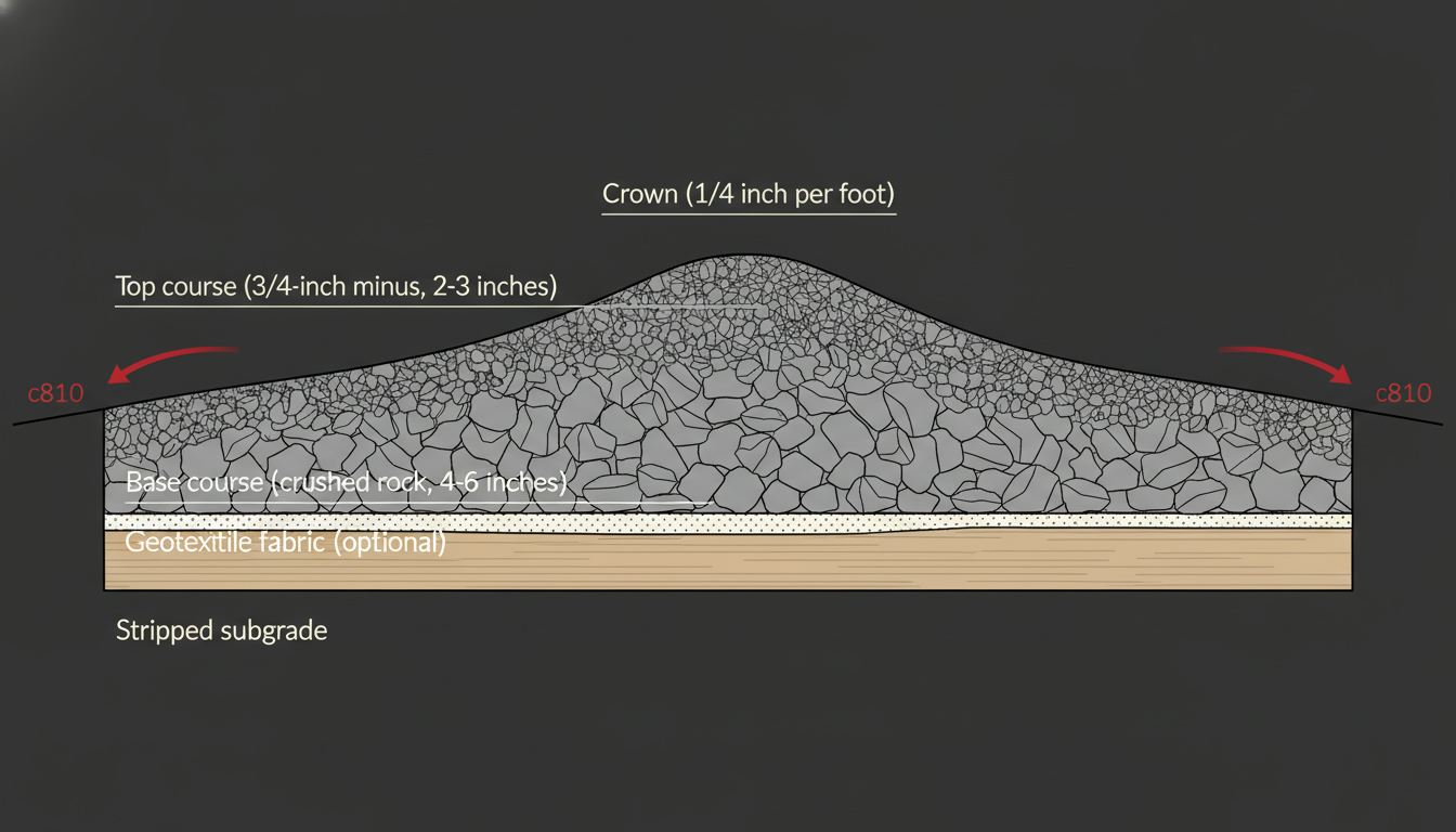 Cross-section of a properly built gravel driveway — top course, base course, optional geotextile, stripped subgrade, and crown for water shedding.