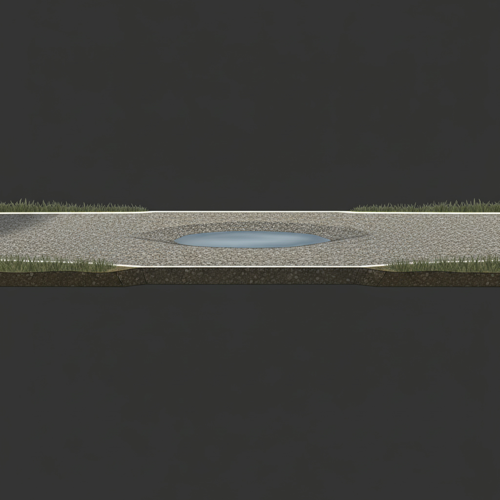 Side view of a flat or dished gravel driveway with a puddle of standing water in the middle.