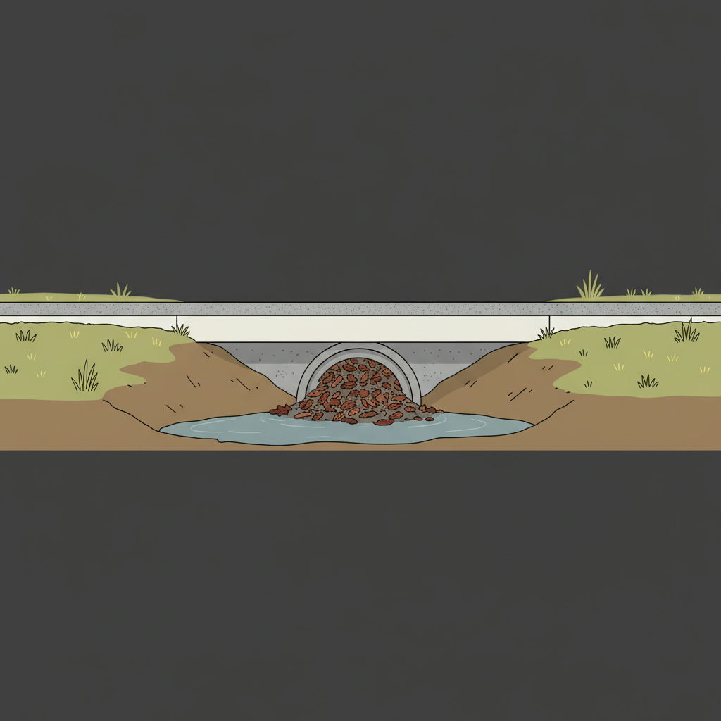 Side view of a gravel driveway crossing a roadside ditch with a clogged culvert and water backed up at the entrance.