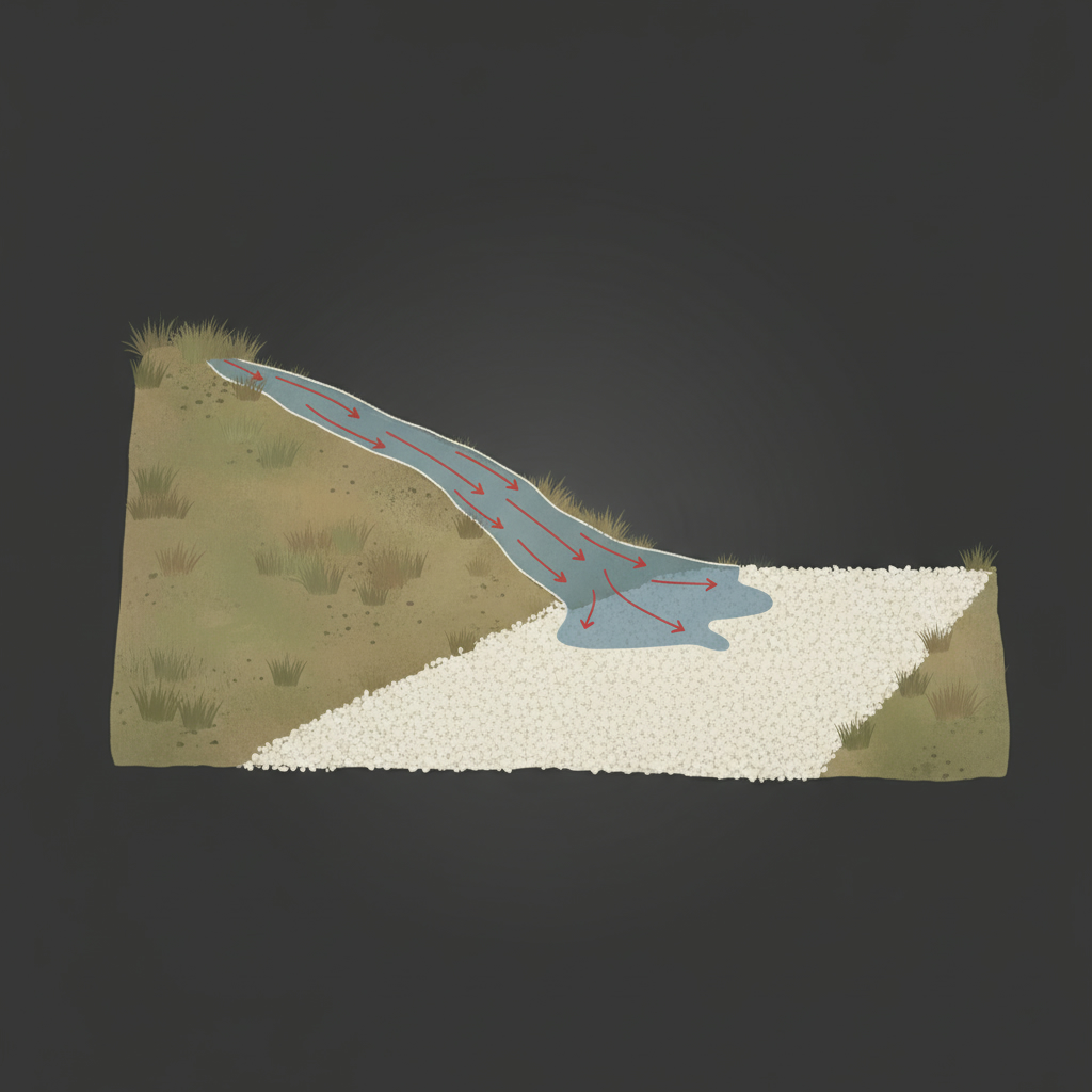 Side view of a hillside slope above a gravel driveway with water flowing down onto the drive surface.