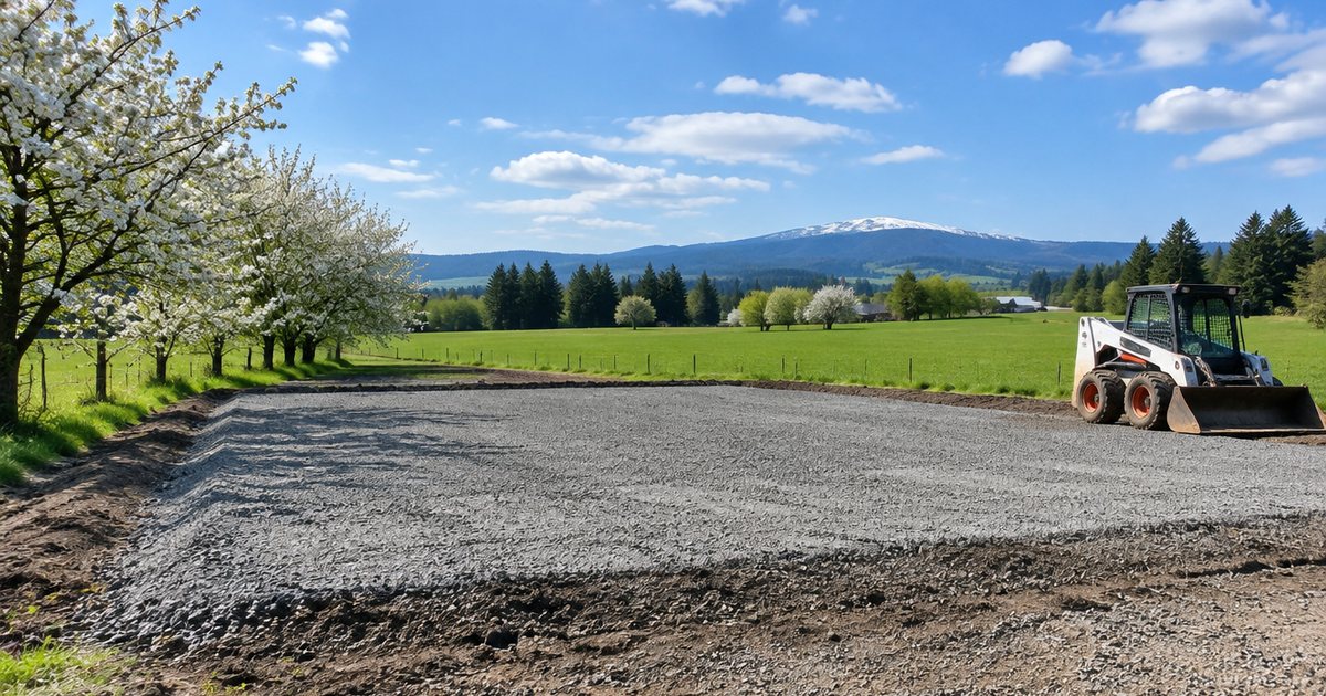 Illustration of a freshly graded gravel pad beside a green spring field with a skid steer