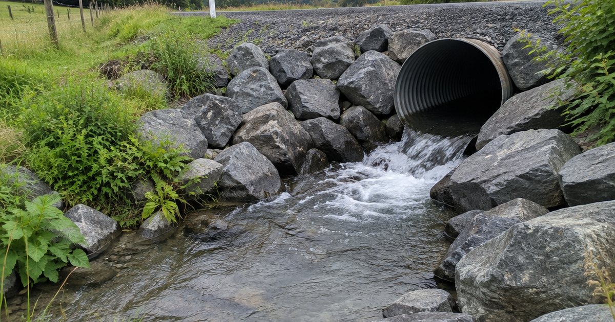 Illustration of a culvert outlet lined with riprap and flowing water