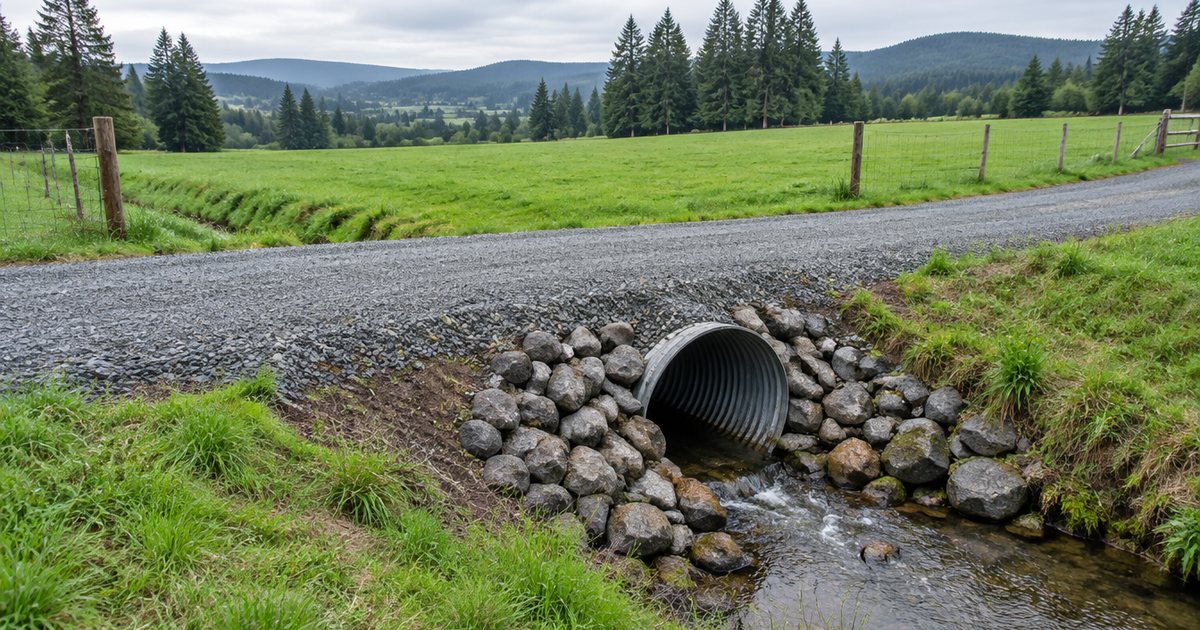 Gravel driveway crossing a roadside ditch over a corrugated metal culvert pipe with a rock-lined outlet