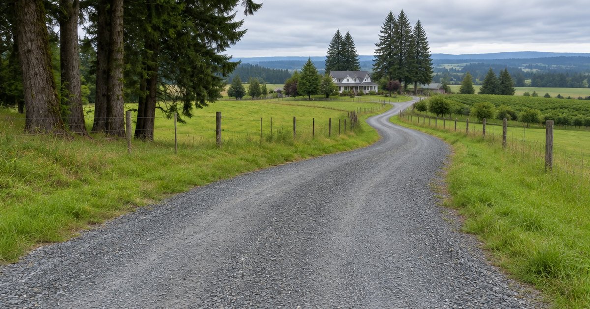 Illustration of a crowned gray gravel driveway winding through Willamette Valley farmland