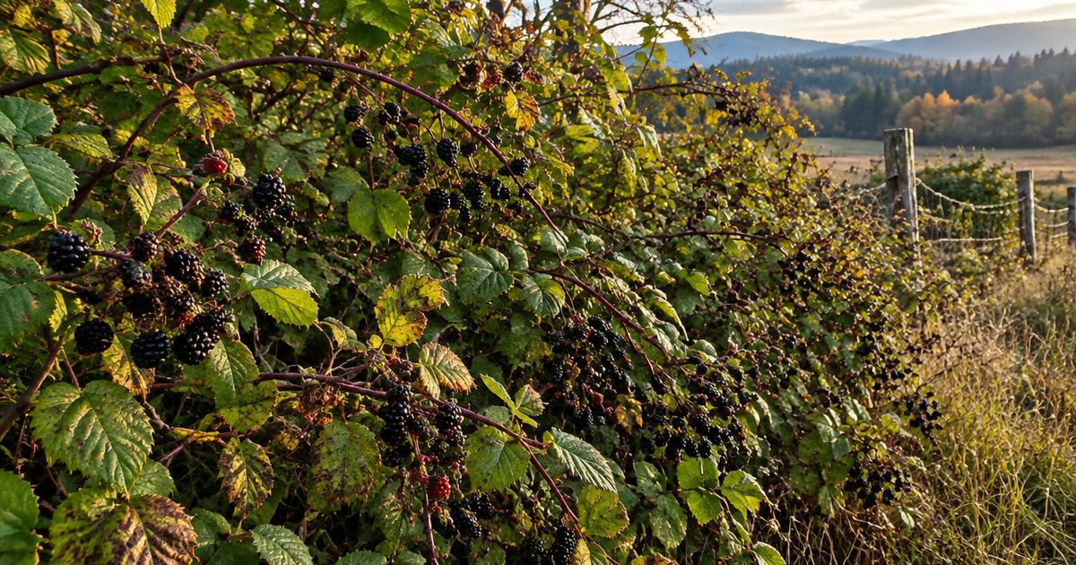 Illustration of a dense blackberry thicket along a rural fence line in autumn
