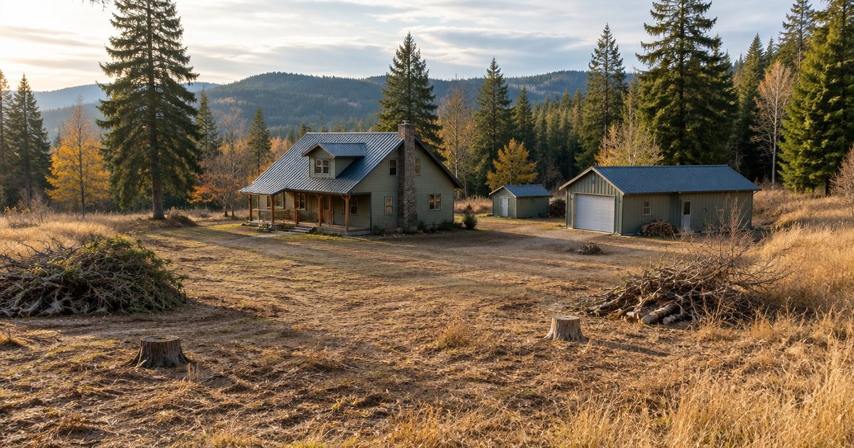 Illustration of a rural home with a cleared fuel break of mowed ground around it