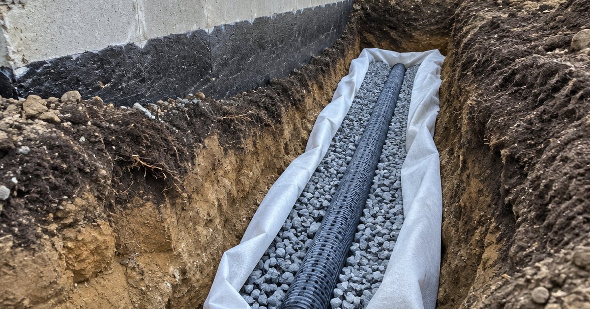 Illustration of a French drain trench with perforated pipe in clean rock wrapped in fabric