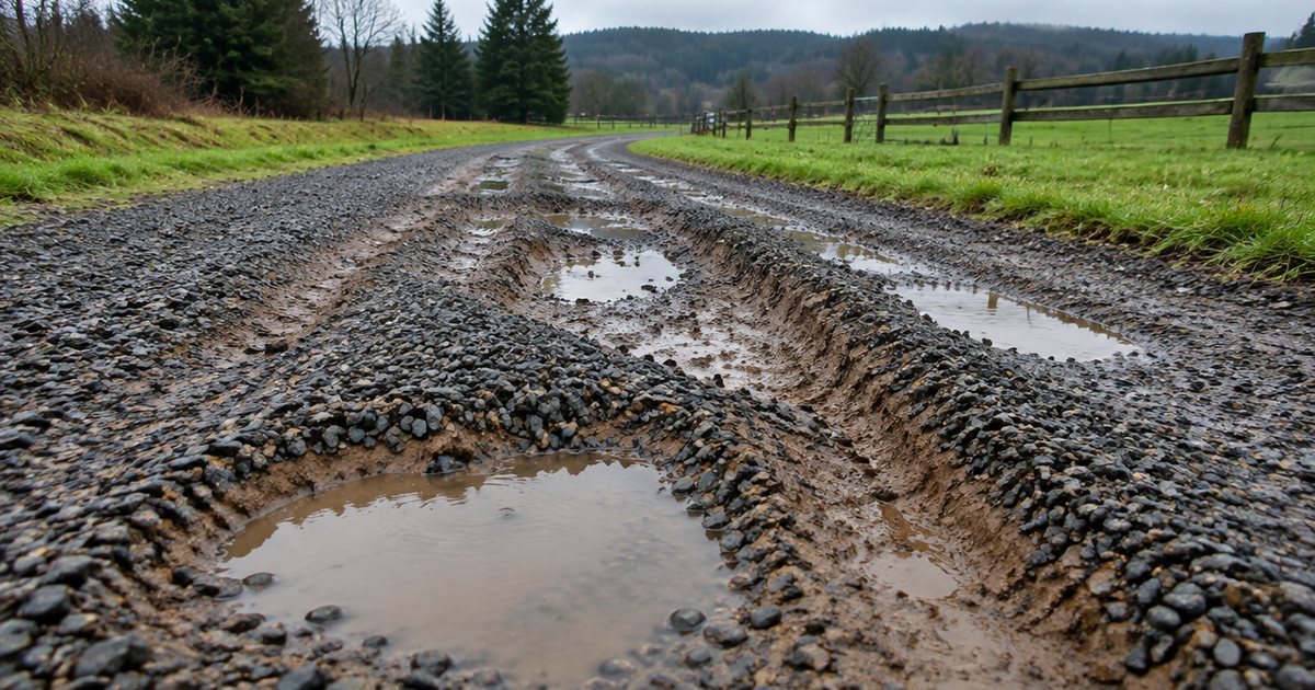 Gravel driveway with deep wheel ruts and potholes holding rainwater, gravel pushed to the edges and clay showing through
