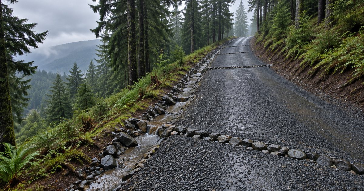 Steep gravel driveway on a wooded hillside in rain, with a rock-lined ditch and angled water bars across the drive