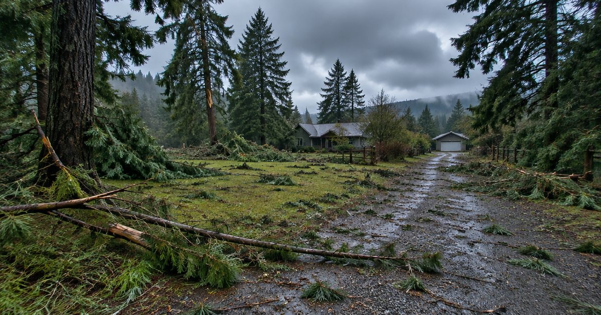 Illustration of a rural gravel driveway with fallen branches after a windstorm