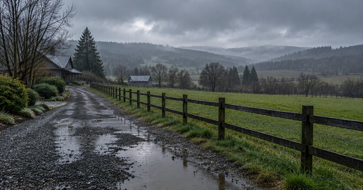 Illustration of a wet gravel driveway beside a green pasture in winter rain