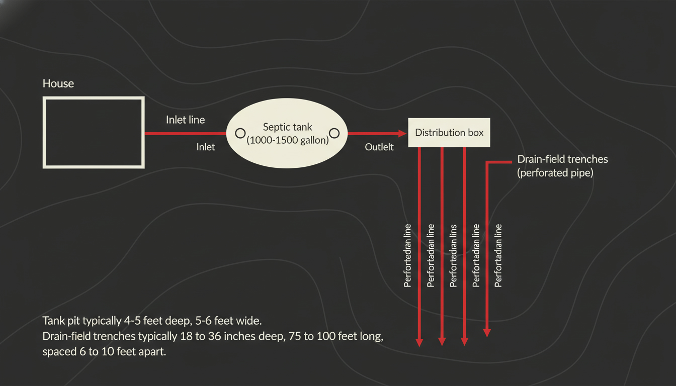 Top-down diagram of a residential septic system layout showing house, inlet line, septic tank, distribution box, and drain-field trenches.