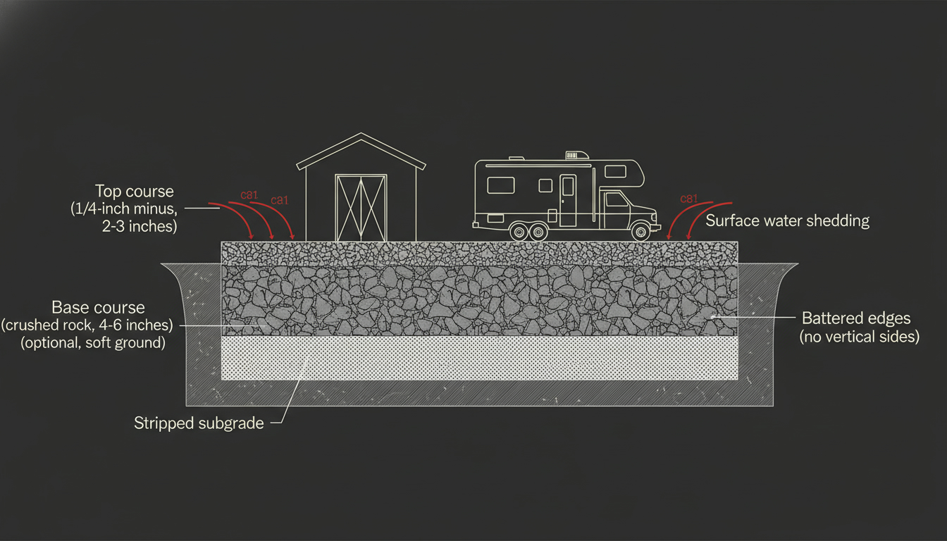 Cross-section of a properly built shed or RV pad showing top course, base course, optional geotextile fabric, stripped subgrade, and battered edges.