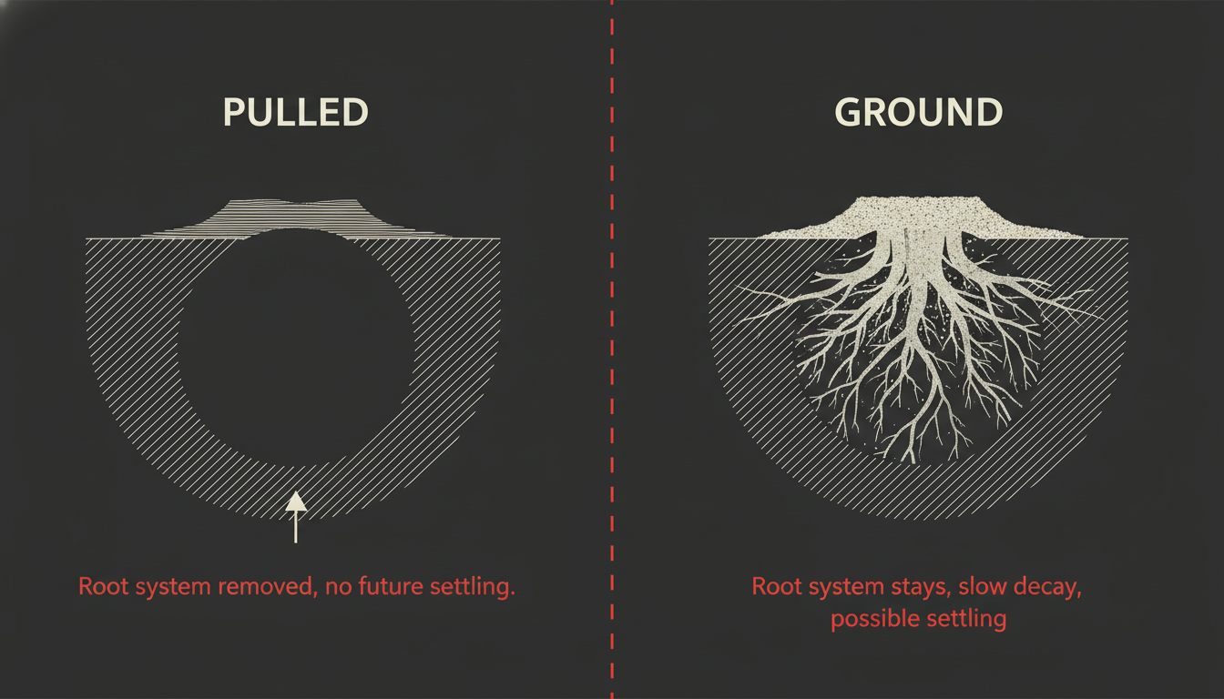 Side-by-side cross-section comparing stump removal methods — pulling removes the root ball entirely, grinding leaves the root system in the ground to slowly decay.