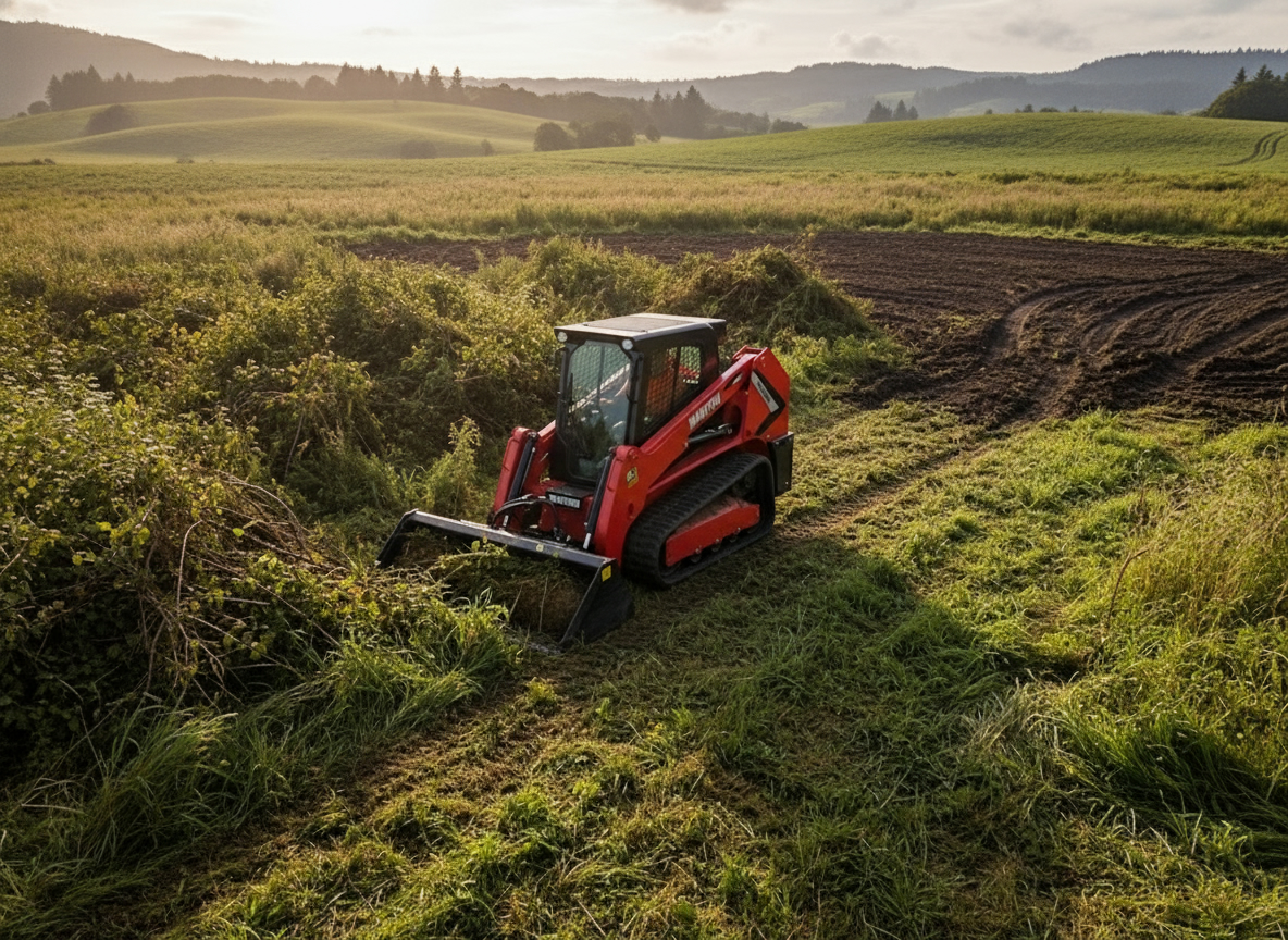 Red Manitou compact track loader clearing blackberry and brush on a rural Sweet Home pasture at golden hour