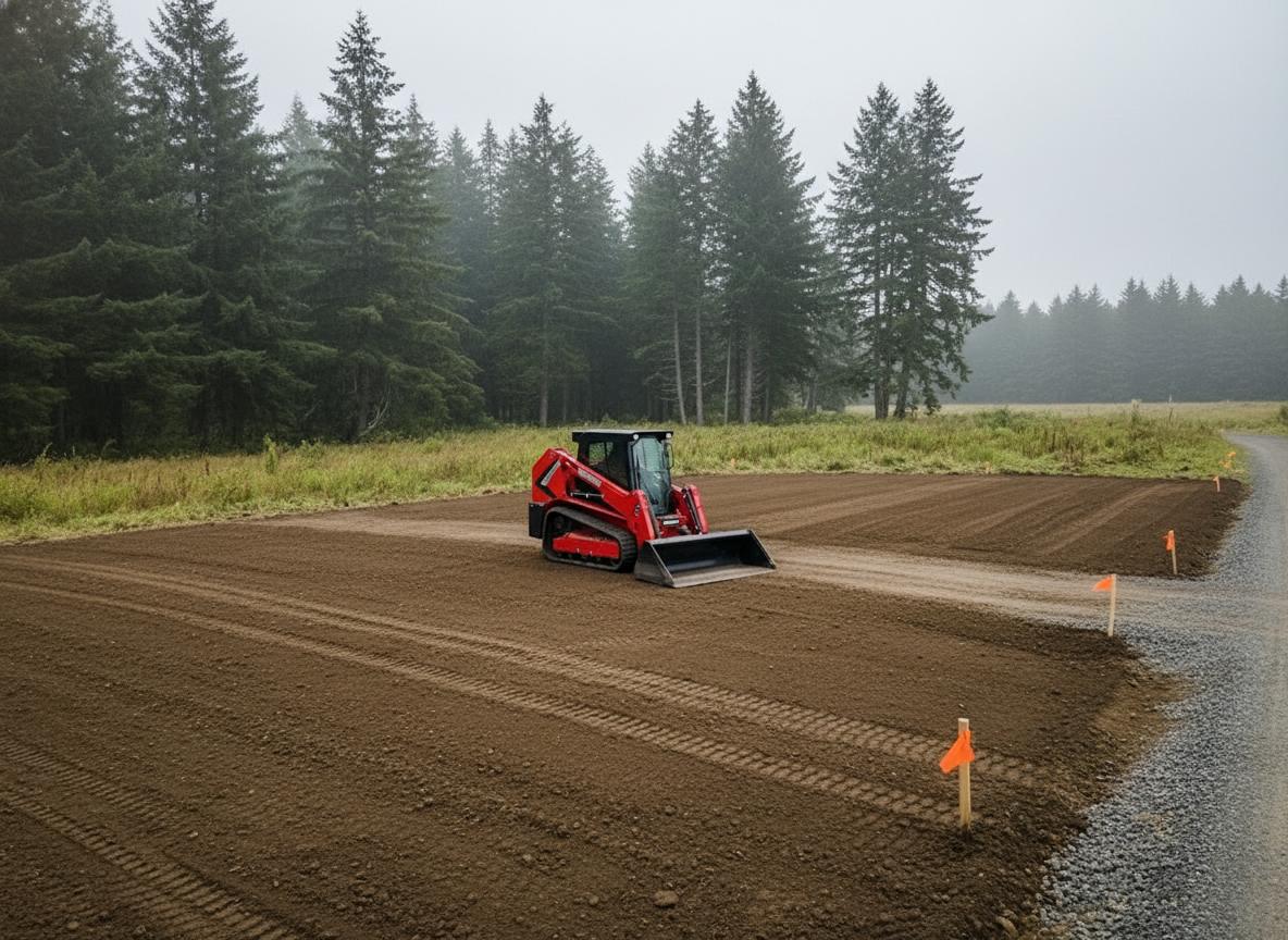 Red Manitou compact track loader leveling a freshly scraped building pad on a rural Scio lot, fir trees in the background