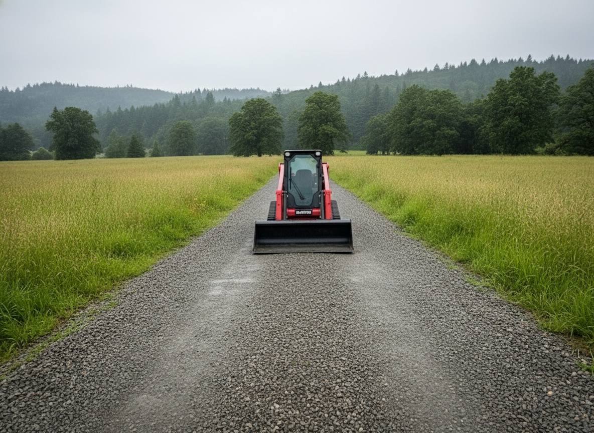 Red Manitou compact track loader on a freshly regraded crushed-rock driveway in Brownsville, Oregon, pasture and oaks on either side
