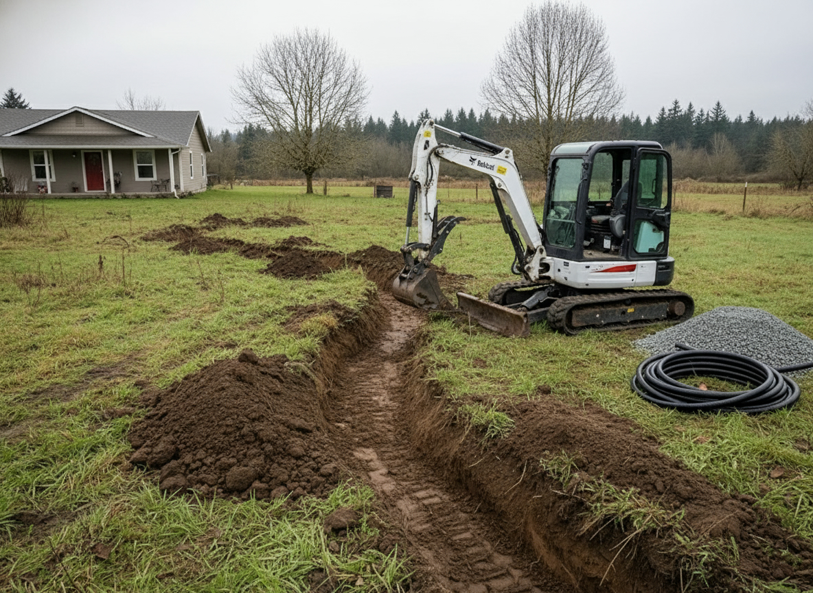 White Bobcat E50 mini excavator next to a freshly dug French drain trench in a rural Albany yard, perforated pipe and gravel staged nearby