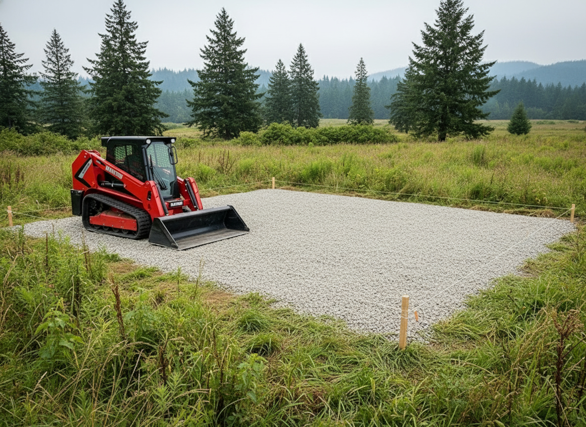 Red Manitou compact track loader on the edge of a finished compacted gravel shop pad in Lebanon, Oregon, Douglas firs in the background