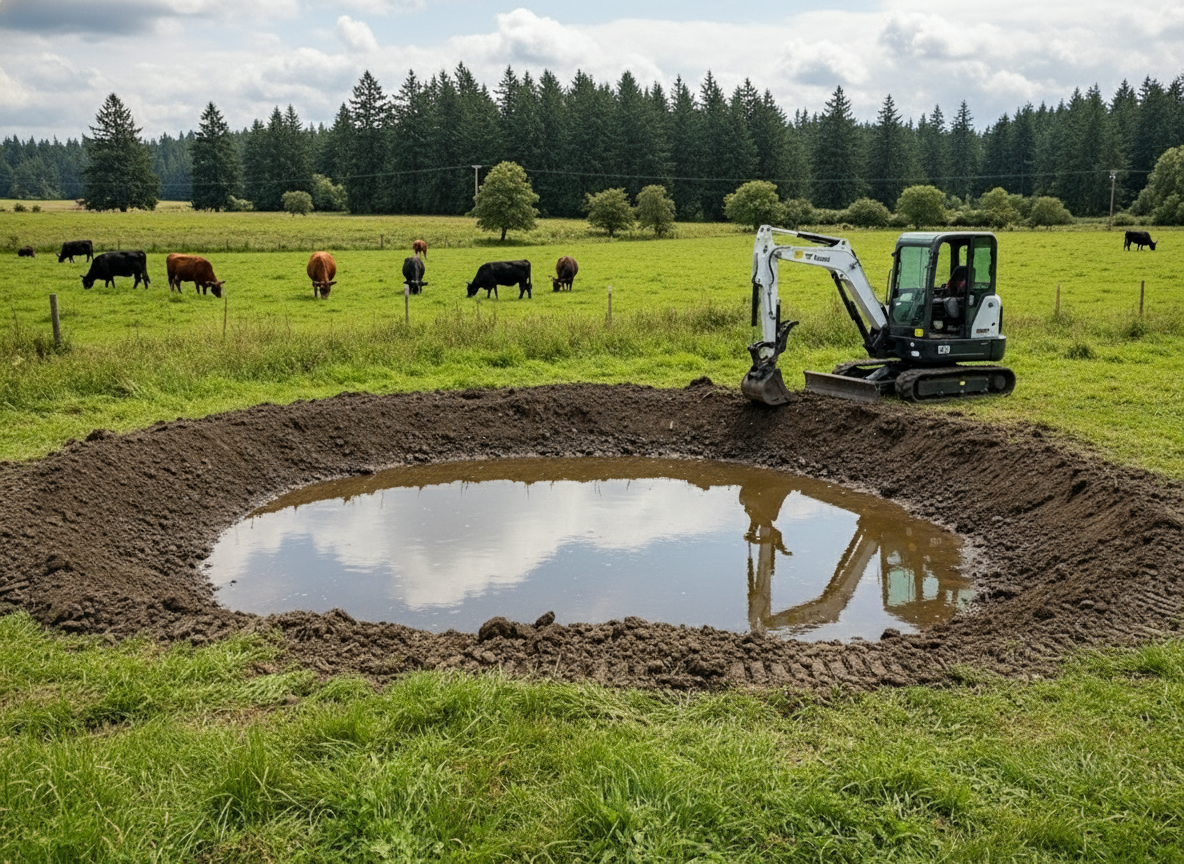 White Bobcat E50 mini excavator on the berm of a freshly excavated livestock pond near Jefferson, Oregon, cattle grazing in the background
