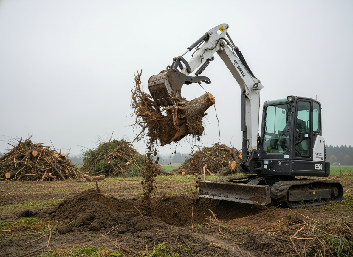 White Bobcat E50 mini excavator pulling a large tree stump out of the ground near Tangent, Oregon, roots and dirt falling from the bucket