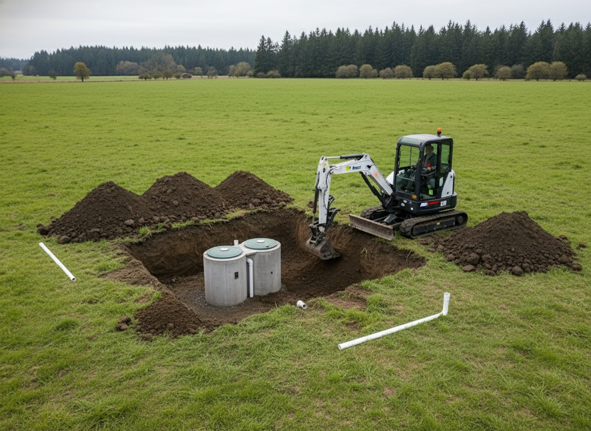 White Bobcat E50 mini excavator next to a concrete septic tank set in an open trench on a Halsey, Oregon property, PVC pipe staged nearby
