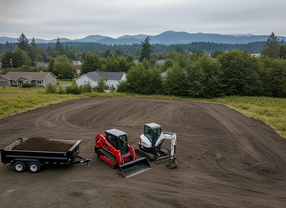 Aerial view of a cleared and rough-graded residential building lot in Corvallis, Oregon, with a red Manitou track loader, white Bobcat E50, and a tandem-axle dump trailer of dirt