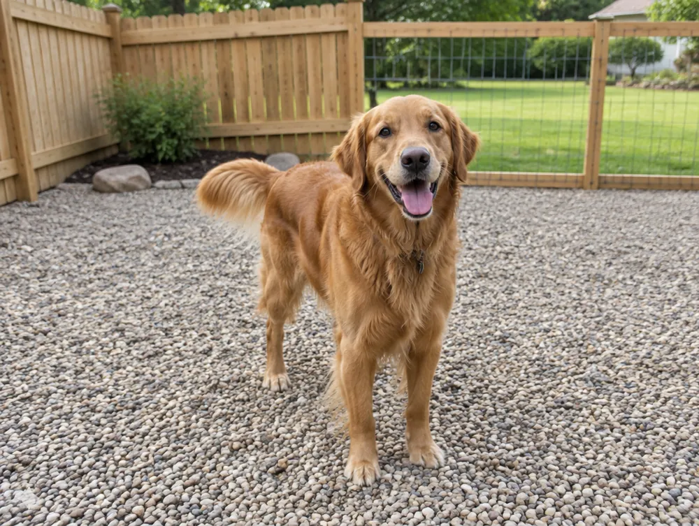 Illustration of a dog on a pea gravel dog run