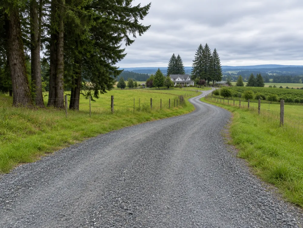Illustration of a crowned gray gravel driveway winding through Willamette Valley farmland