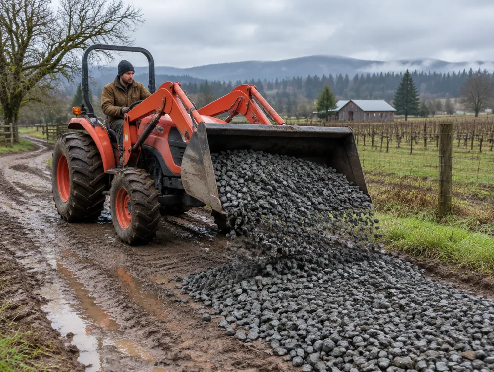 Illustration of a tractor spreading coarse base rock on a muddy farm lane