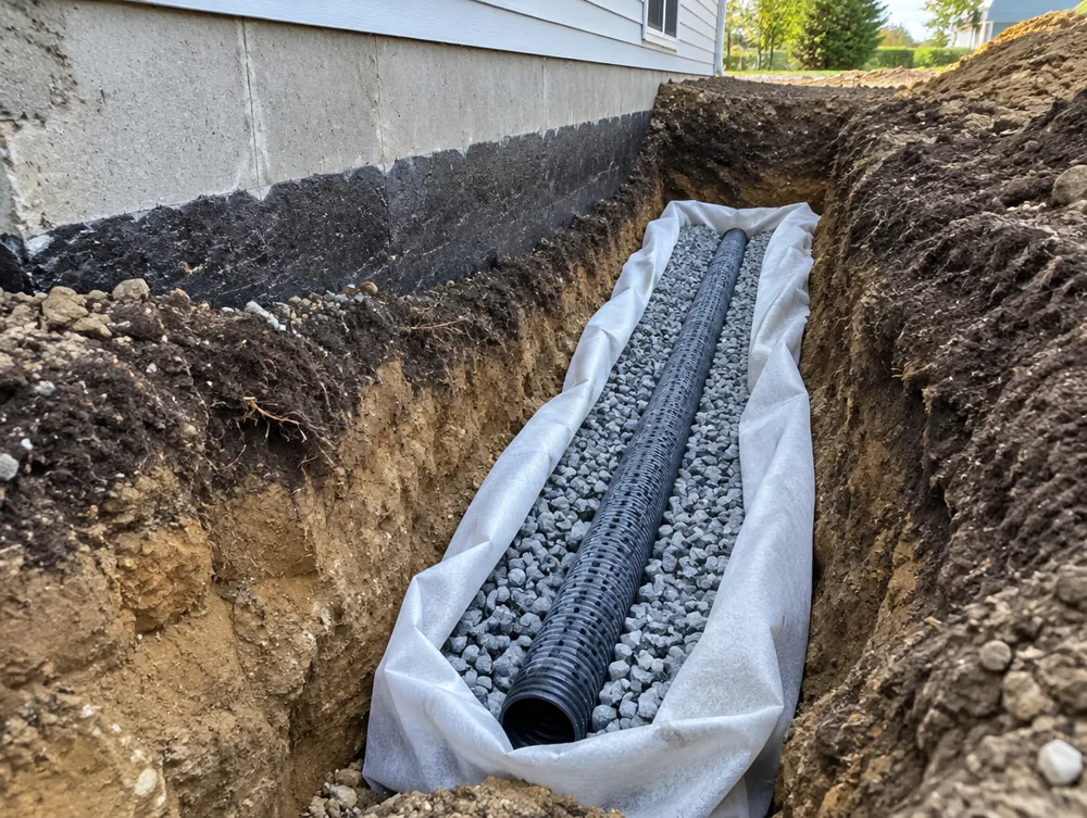 Illustration of a French drain trench with perforated pipe in clean drain rock wrapped in filter fabric