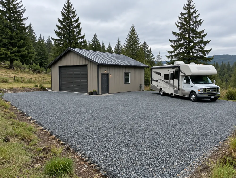 Illustration of a compacted gravel pad with a shop building and an RV parked on it