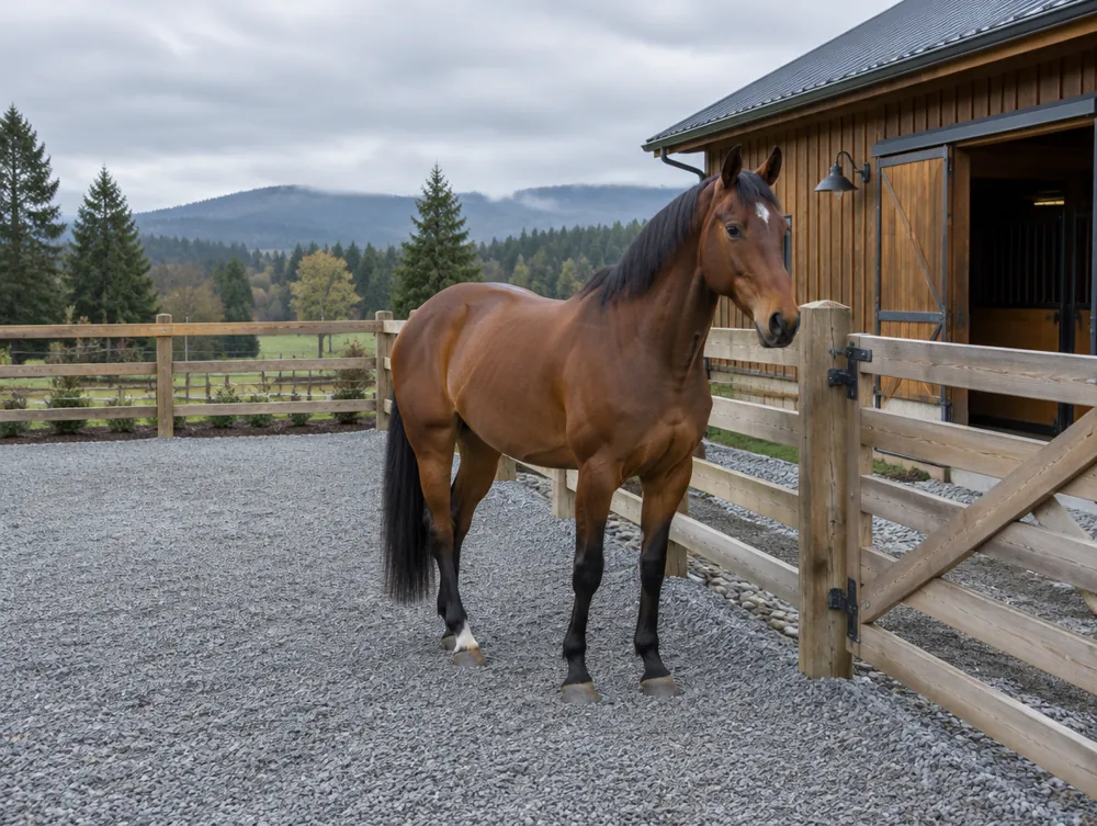 Illustration of a horse standing on firm crushed-rock footing by a barn gate