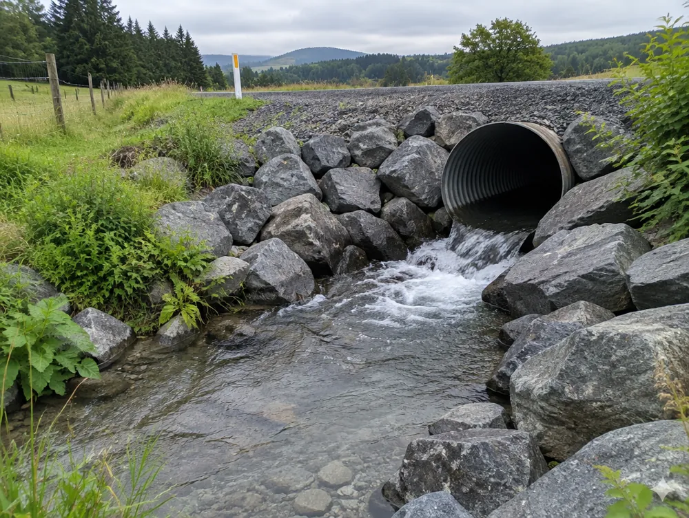 Illustration of riprap boulders lining a ditch at a culvert outlet