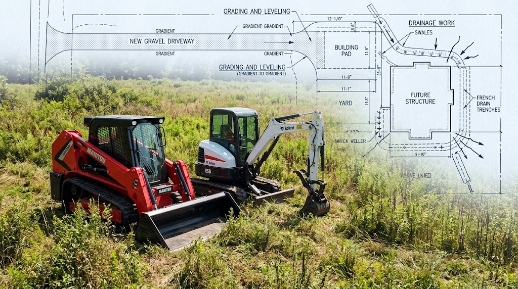 Manitou skid steer and Bobcat E50 on a Linn County job site with drainage and grading diagram overlay